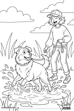 Australian shepherd splashing muddy puddle