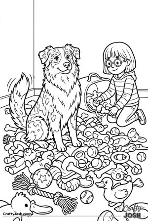 Australian shepherd toy basket mess