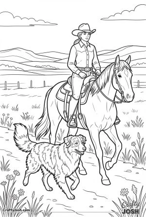 Australian shepherd trotting beside ranch horse