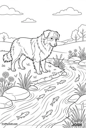 Australian shepherd watching fish in stream