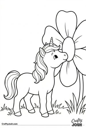Baby unicorn playing flower