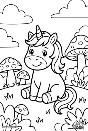 Baby unicorn sitting with mushrooms