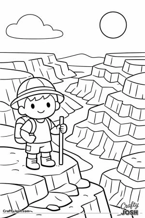 A smiling boy explorer stands on a rocky ledge holding a walking stick, looking out over a canyon with zig-zag cliffs and a winding river below.