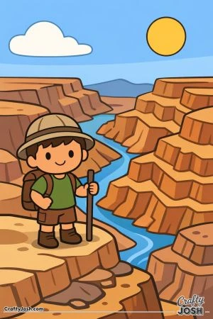 A smiling boy explorer stands on a rocky ledge holding a walking stick, looking out over a canyon with zig-zag cliffs and a winding river below.