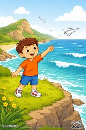 A young boy stands on a grassy cliff flying a paper plane as ocean waves roll below and clouds float in the sky