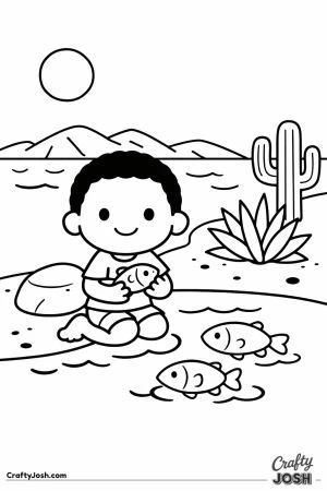 A smiling boy sits by a calm lake holding a fish while two more fish swim nearby, with simple desert plants and mountains in the background.