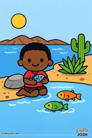 A smiling boy sits by a calm lake holding a fish while two more fish swim nearby, with simple desert plants and mountains in the background.
