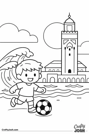 A happy boy is kicking a soccer ball on a beach with ocean waves and a tall mosque in the background.