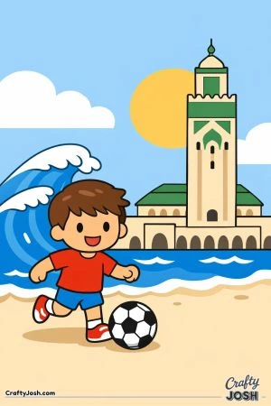 A happy boy is kicking a soccer ball on a beach with ocean waves and a tall mosque in the background.