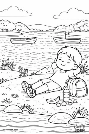 A relaxed boy lies on the grass by a lake with boats floating on patterned water and small items beside him