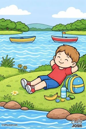 A relaxed boy lies on the grass by a lake with boats floating on patterned water and small items beside him