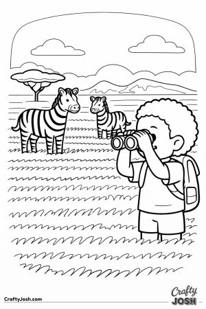 A boy uses binoculars to look at two zebras standing in a grassy savanna with a tree and hills in the background.