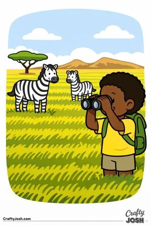 A boy uses binoculars to look at two zebras standing in a grassy savanna with a tree and hills in the background.
