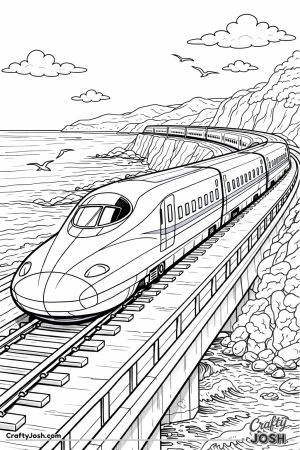 Bullet train beside mountain lake