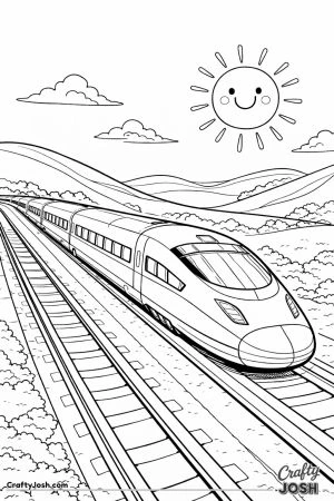 Bullet train passing sunny hills