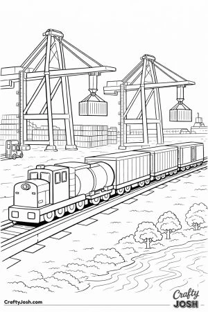 Cargo train passing harbor cranes