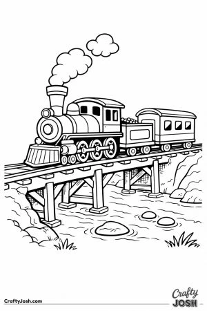 Cartoon steam train crossing small bridge
