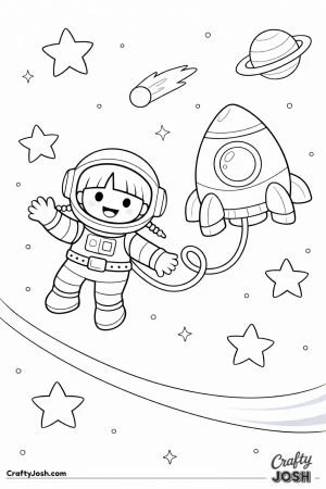 An astronaut with two braids floats in space while holding a tether connected to a nearby rounded spaceship, with stars, a comet, and a ringed planet ..