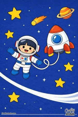 An astronaut with two braids floats in space while holding a tether connected to a nearby rounded spaceship, with stars, a comet, and a ringed planet ..