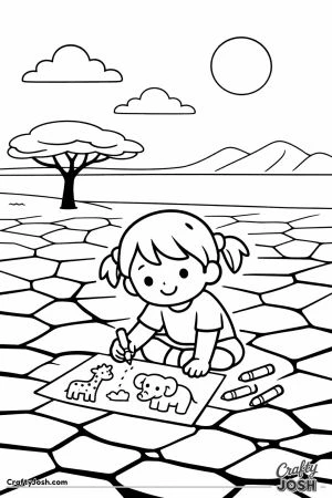 A young girl sits on cracked ground drawing a giraffe and an elephant with crayons in a simple outdoor landscape with a tree, sun, and mountains.