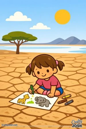 A young girl sits on cracked ground drawing a giraffe and an elephant with crayons in a simple outdoor landscape with a tree, sun, and mountains.