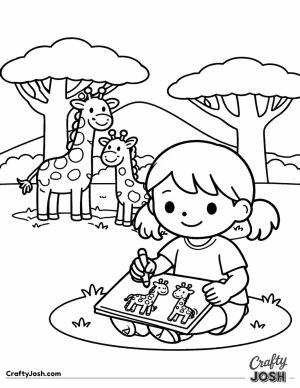 A smiling girl sits on the ground drawing giraffes in her sketchbook while real giraffes stand nearby among big trees in a simple savanna scene