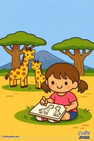 A smiling girl sits on the ground drawing giraffes in her sketchbook while real giraffes stand nearby among big trees in a simple savanna scene