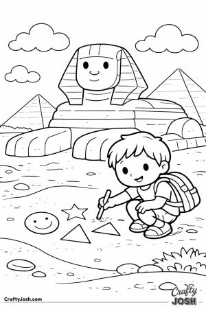 A young boy kneels in the sand drawing simple shapes like a star, triangle, and smiley face near a large sphinx with pyramids in the background