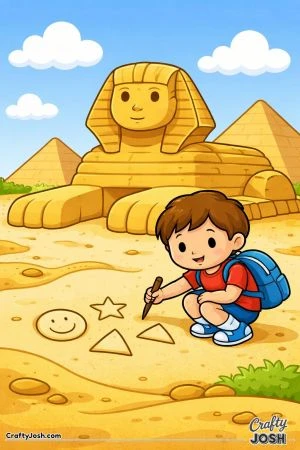 A young boy kneels in the sand drawing simple shapes like a star, triangle, and smiley face near a large sphinx with pyramids in the background