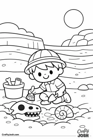 A young boy kneels on the ground, brushing away dirt to discover a dinosaur skull and a spiral fossil, with simple layered rocks behind him.