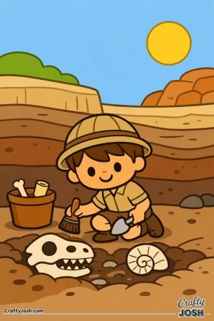 A young boy kneels on the ground, brushing away dirt to discover a dinosaur skull and a spiral fossil, with simple layered rocks behind him.