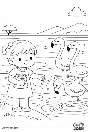 A young girl stands by a lake feeding three flamingos while gentle ripple patterns spread across the water and simple hills sit in the background