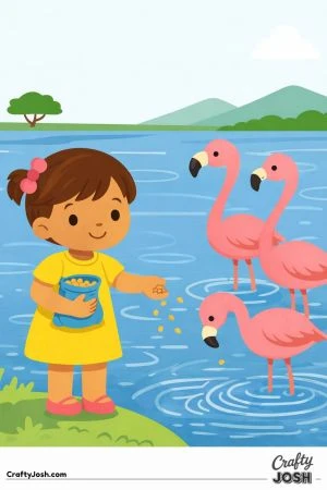 A young girl stands by a lake feeding three flamingos while gentle ripple patterns spread across the water and simple hills sit in the background