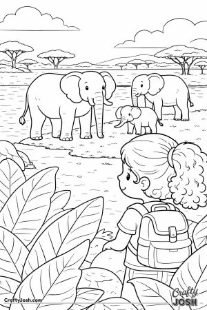 A girl stands near big leafy plants watching a group of elephants, including a baby elephant, by the water.
