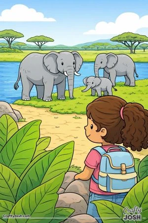 A girl stands near big leafy plants watching a group of elephants, including a baby elephant, by the water.