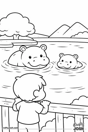 A young boy stands by a wooden fence watching two smiling hippos floating in a calm river with gentle ripples.
