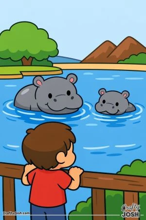 A young boy stands by a wooden fence watching two smiling hippos floating in a calm river with gentle ripples.