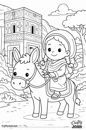 A girl rides a donkey in front of a simple rock church with carved patterns, with hills, a tree, and the sun in the background.
