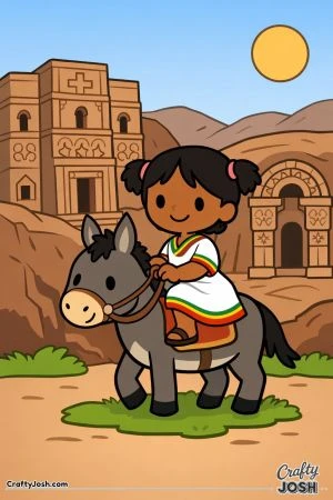 A girl rides a donkey in front of a simple rock church with carved patterns, with hills, a tree, and the sun in the background.