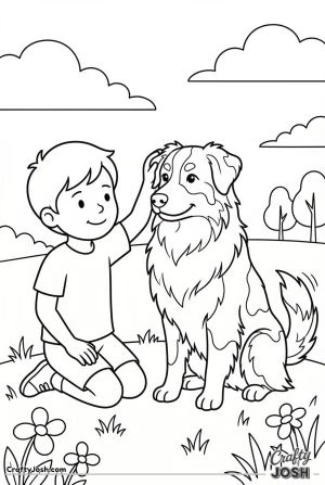 Child petting australian shepherd