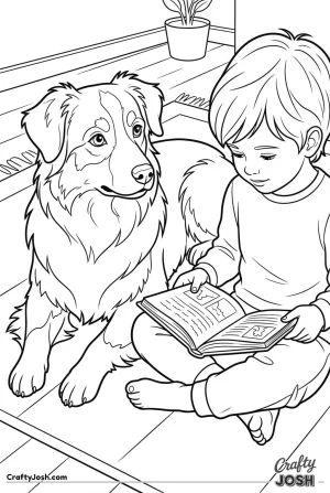 Child reading with australian shepherd