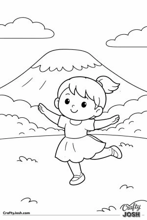A happy girl dances in a grassy field with a big snowy mountain and simple clouds behind her