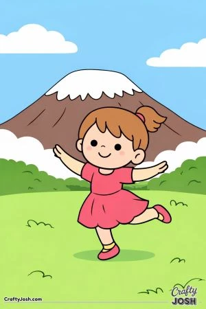 A happy girl dances in a grassy field with a big snowy mountain and simple clouds behind her