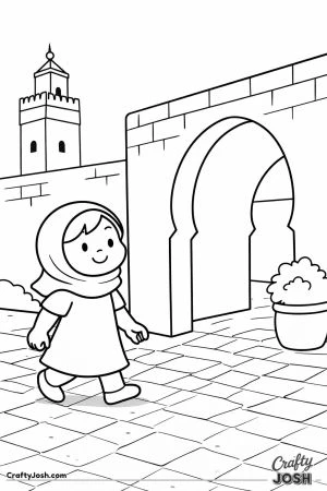 A young girl walks past a large archway and tiled ground with a potted plant and simple buildings in the background.
