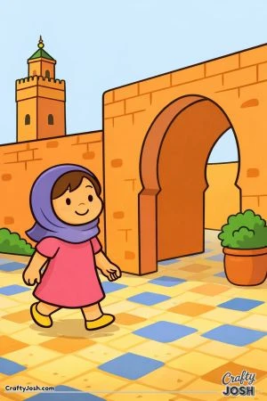 A young girl walks past a large archway and tiled ground with a potted plant and simple buildings in the background.