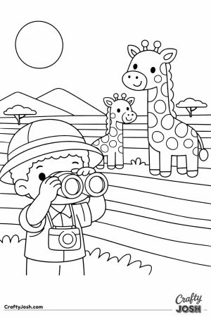 A young boy looks through binoculars while watching two friendly giraffes in a simple safari landscape with rolling hills and a bright sun