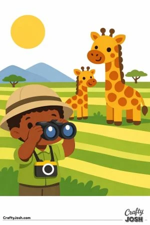 A young boy looks through binoculars while watching two friendly giraffes in a simple safari landscape with rolling hills and a bright sun