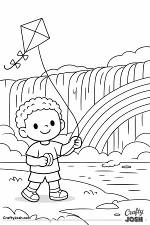 A smiling boy stands by a big waterfall, flying a kite as a large rainbow curves across the sky