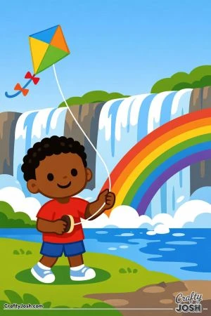 A smiling boy stands by a big waterfall, flying a kite as a large rainbow curves across the sky