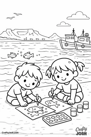 Two kids sit by the water painting fish on paper with brushes, with boats floating in the harbor and mountains in the background.